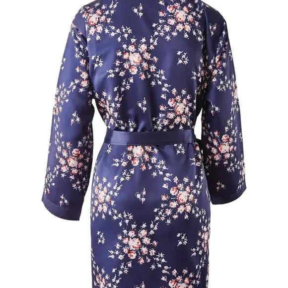Morgan Lane Navy Pink Floral Satin Tie Close Silky Lounge Allie Robe Size Small